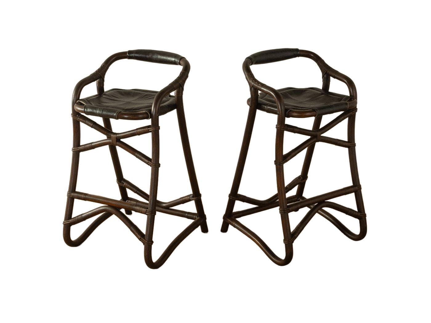 Para hokerów, brązowy, bambus, skóra czarna, Dania, lata 70.