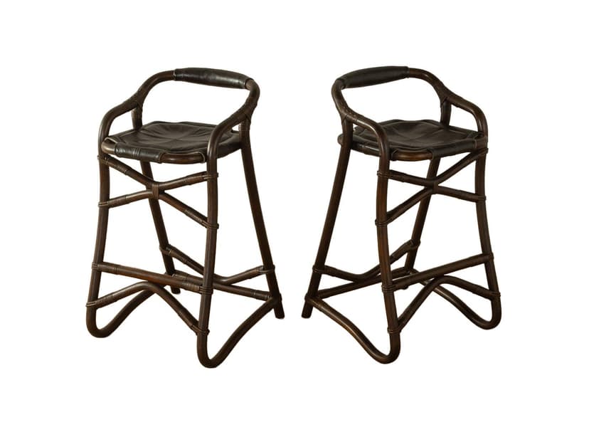 Para hokerów, brązowy, bambus, skóra czarna, Dania, lata 70.