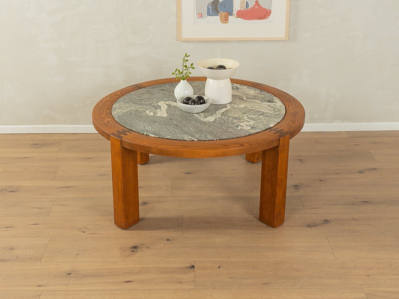 Coffee table, brown oak, cream grey marble, Germany, 1970s. - 278562