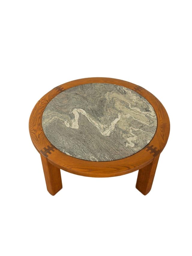 Coffee table, brown oak, cream grey marble, Germany, 1970s. - DIMENSION
