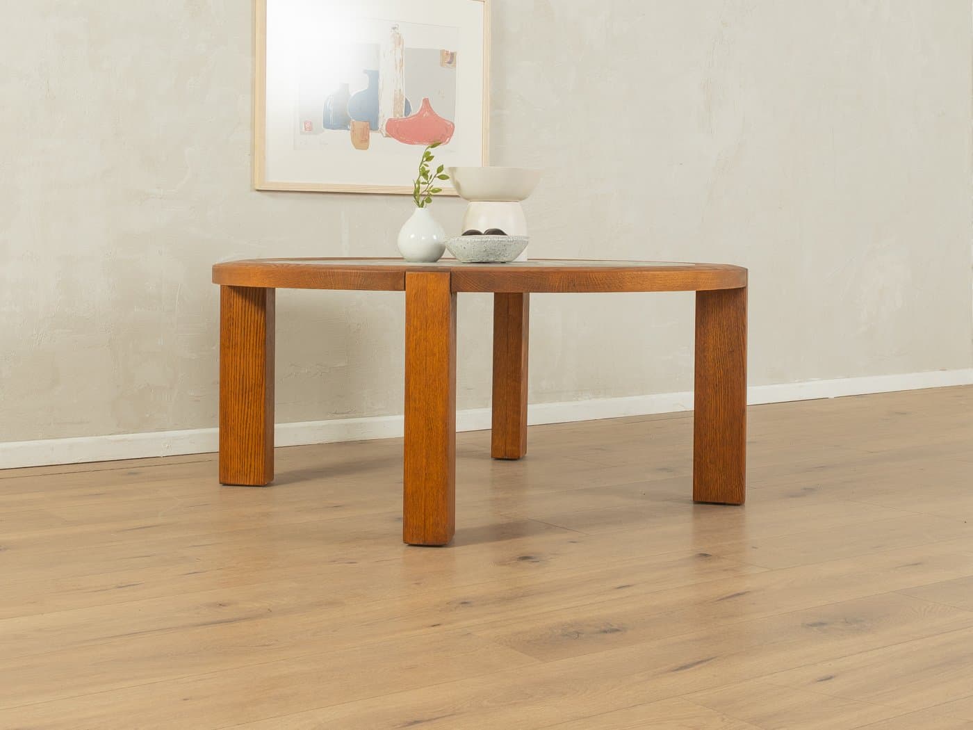 Coffee table, brown oak, cream grey marble, Germany, 1970s. - 278563