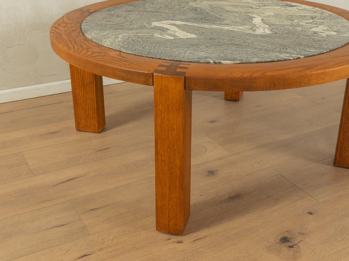 Coffee table, brown oak, cream grey marble, Germany, 1970s. - 278565