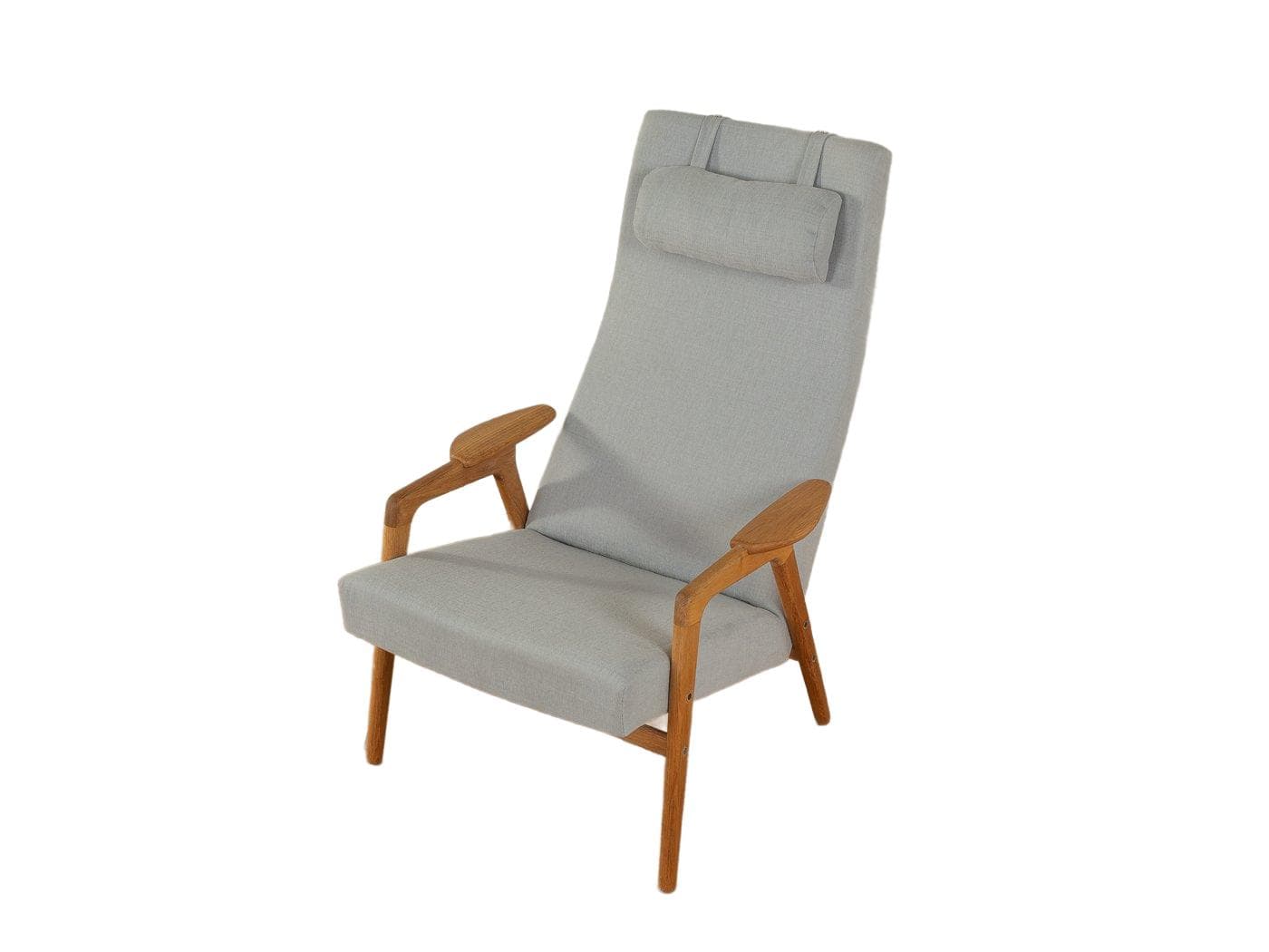 Fotel, dąb brązowy, tkanina szara, proj. Y. Ekström, Pastoe, Holandia, lata 50.