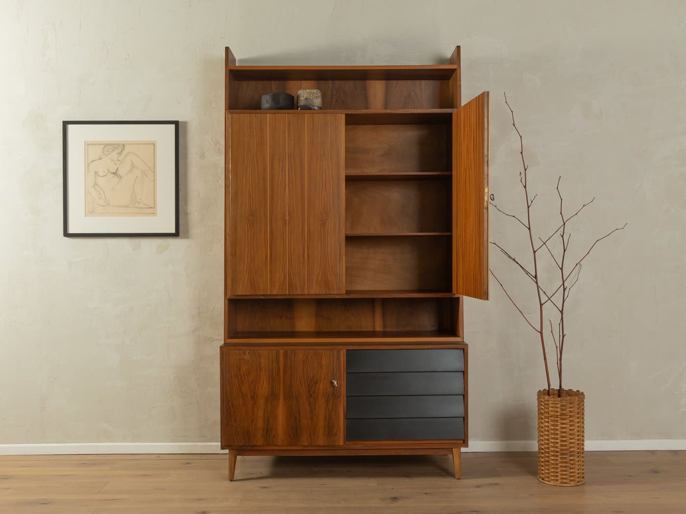 Komoda, brązowy orzech, czarne fronty, Niemcy, lata 50. - 278451