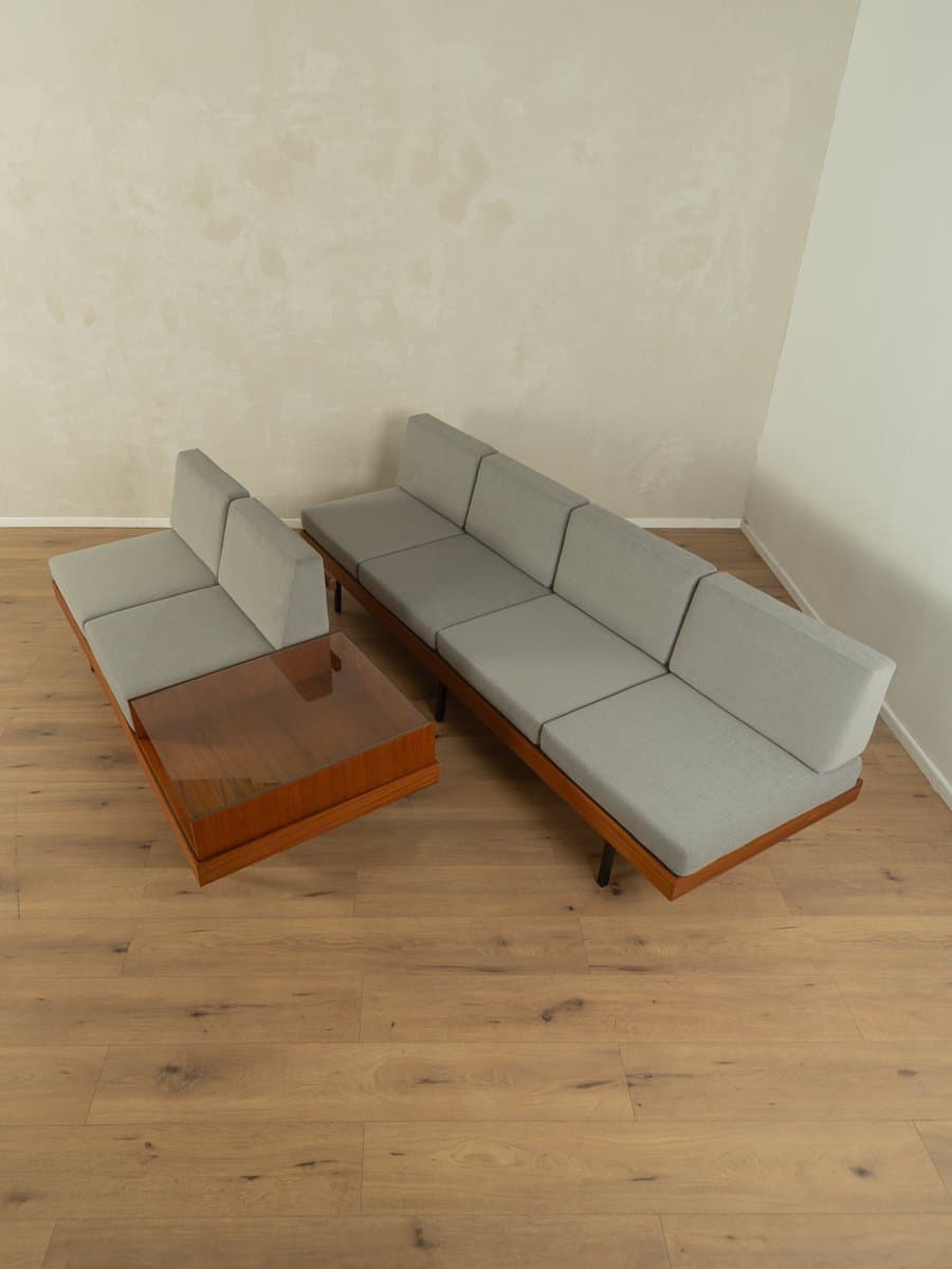 Zestaw dwóch sof, styl skandynawski, tkanina jasnoszara, teak brązowy, Niemcy, lata 60. - 278414
