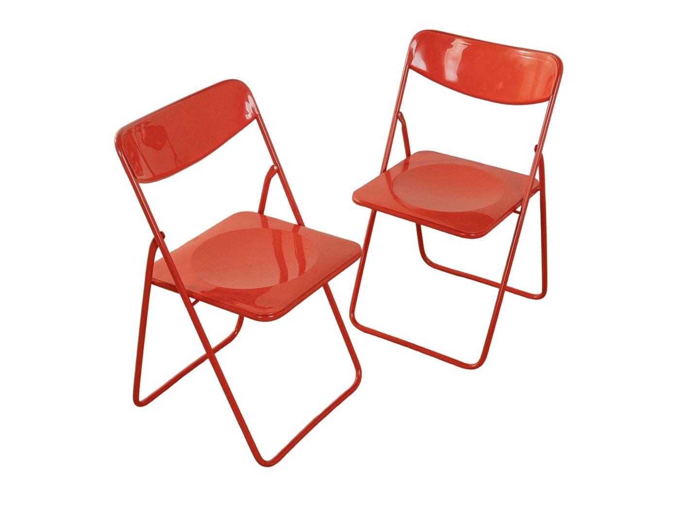 Para krzeseł składanych Ted, metal czerwony, plastik czerwony, proj. N. Gammelgaard, Ikea, Szwecja, lata 70.