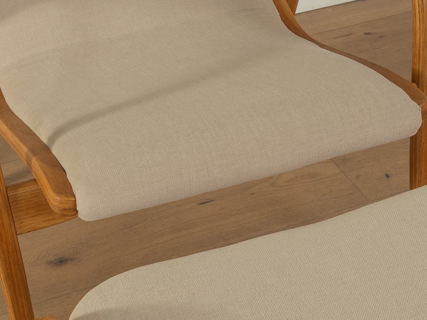 Zestaw fotel i podnóżek Lamino, beżowy, dąb, teak, proj. Y. Ekström, Swedese, Szwecja, lata 50. - 278239