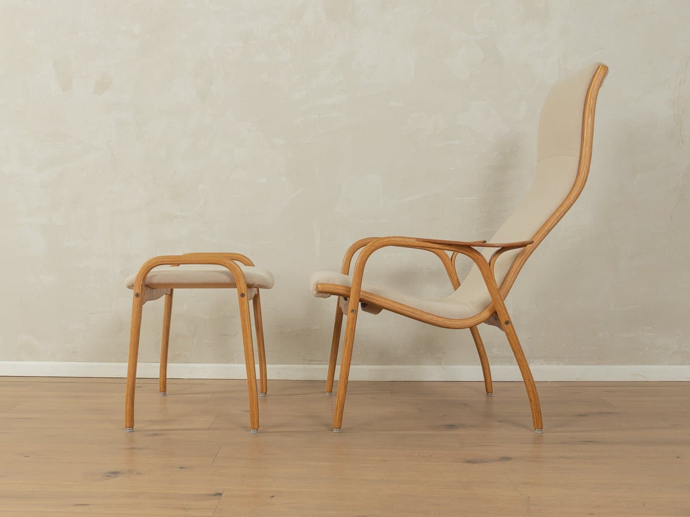 Zestaw fotel i podnóżek Lamino, beżowy, dąb, teak, proj. Y. Ekström, Swedese, Szwecja, lata 50. - 278232