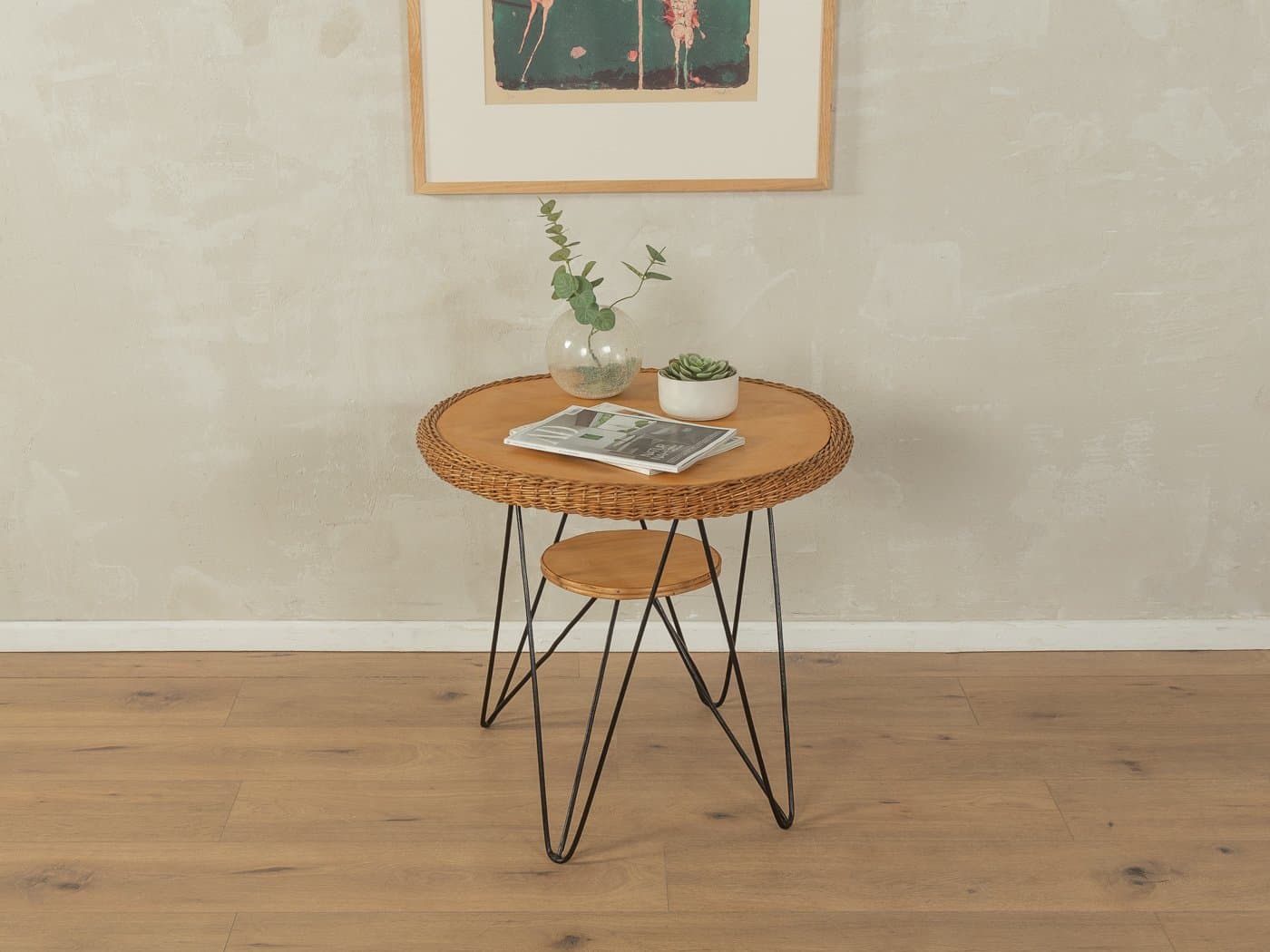 Stolik boczny, brązowy, buk, rattan, Niemcy, lata 50. - 278103