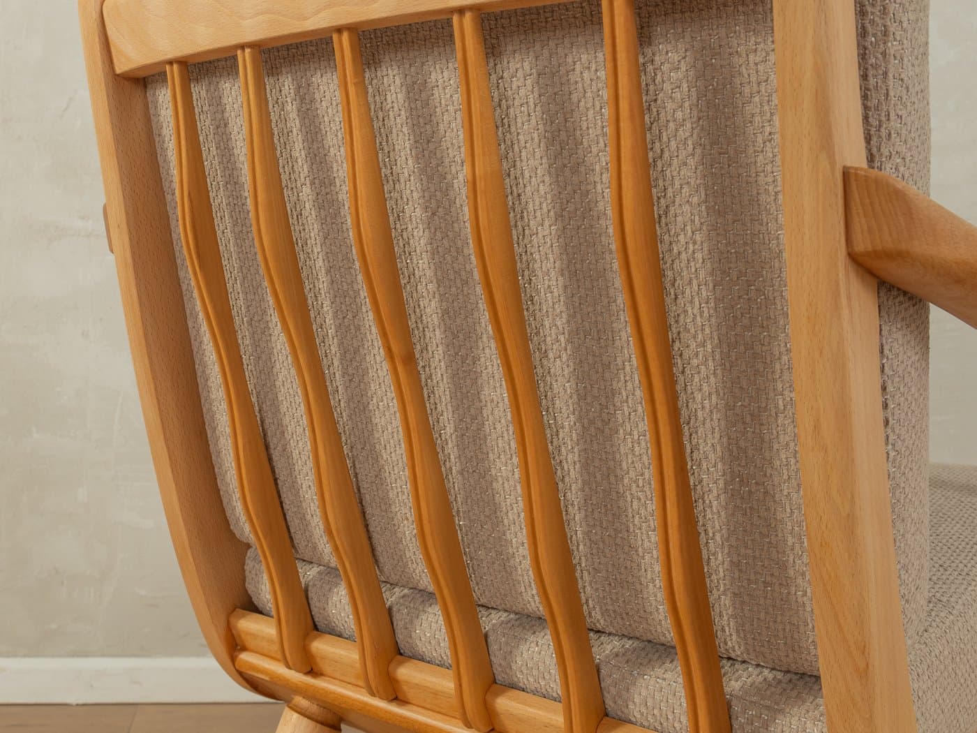 Fotel, beżowy, buk, tkanina, Niemcy, lata 50. - 279757