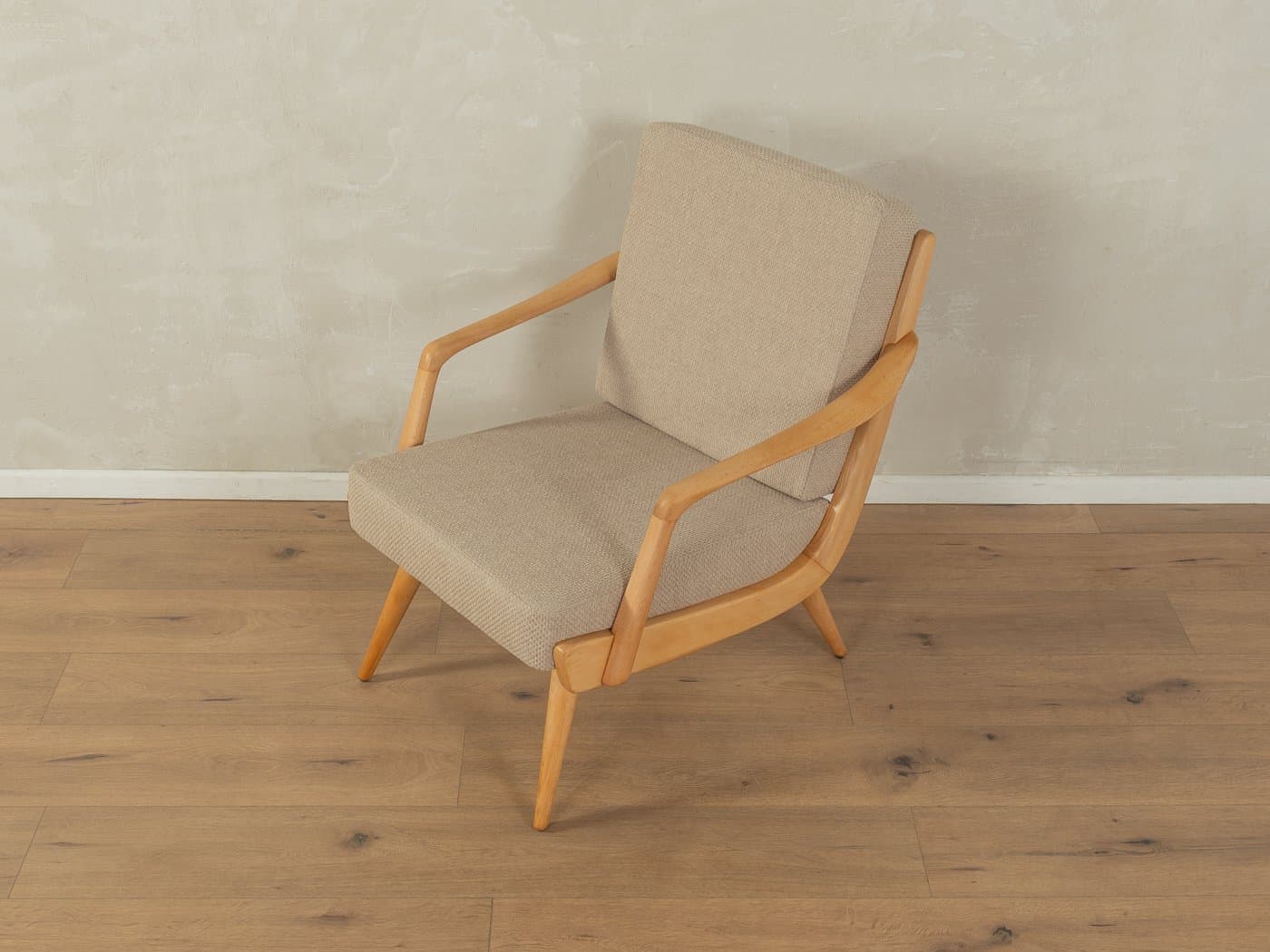 Fotel, beżowy, buk, tkanina, Niemcy, lata 50. - 279751