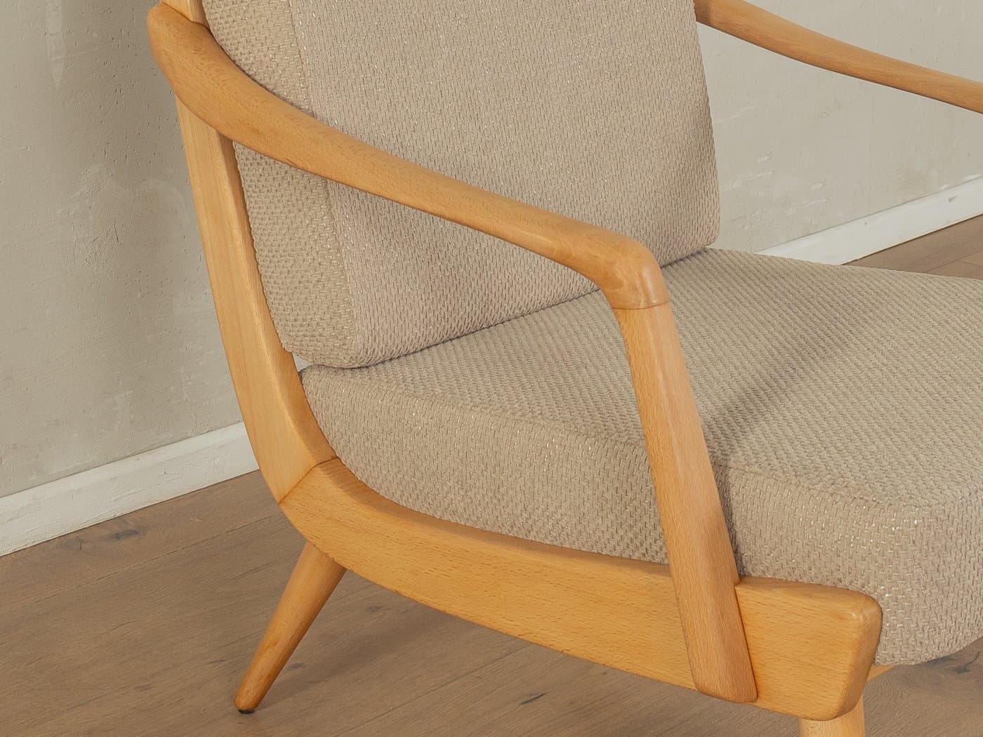 Fotel, beżowy, buk, tkanina, Niemcy, lata 50. - 279756