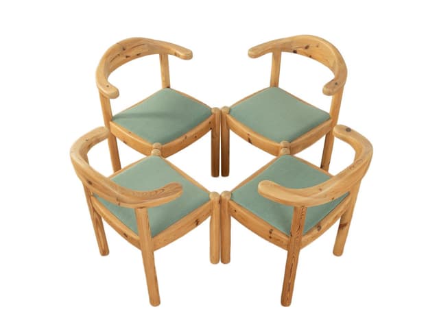 Zestaw czterech krzeseł jadalnianych, Vamdrup, bawełna jasnoniebieska, sosna brązowa, Dania, lata 70. - WYMIARY