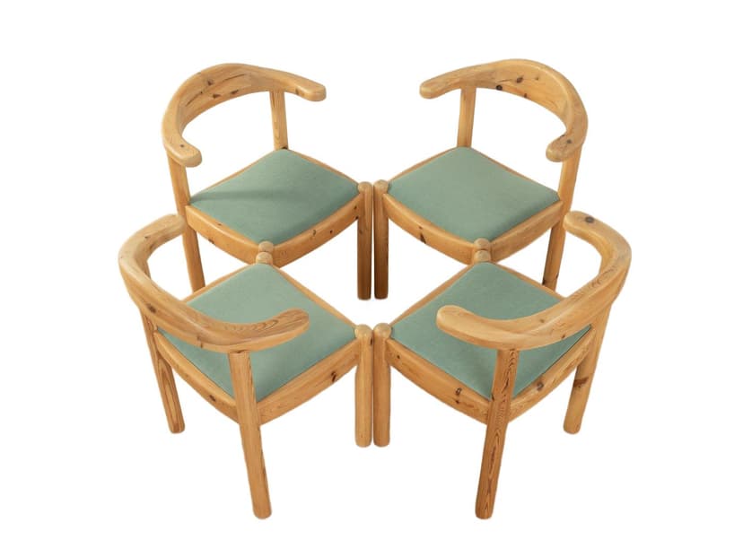 Zestaw czterech krzeseł jadalnianych, Vamdrup, bawełna jasnoniebieska, sosna brązowa, Dania, lata 70.