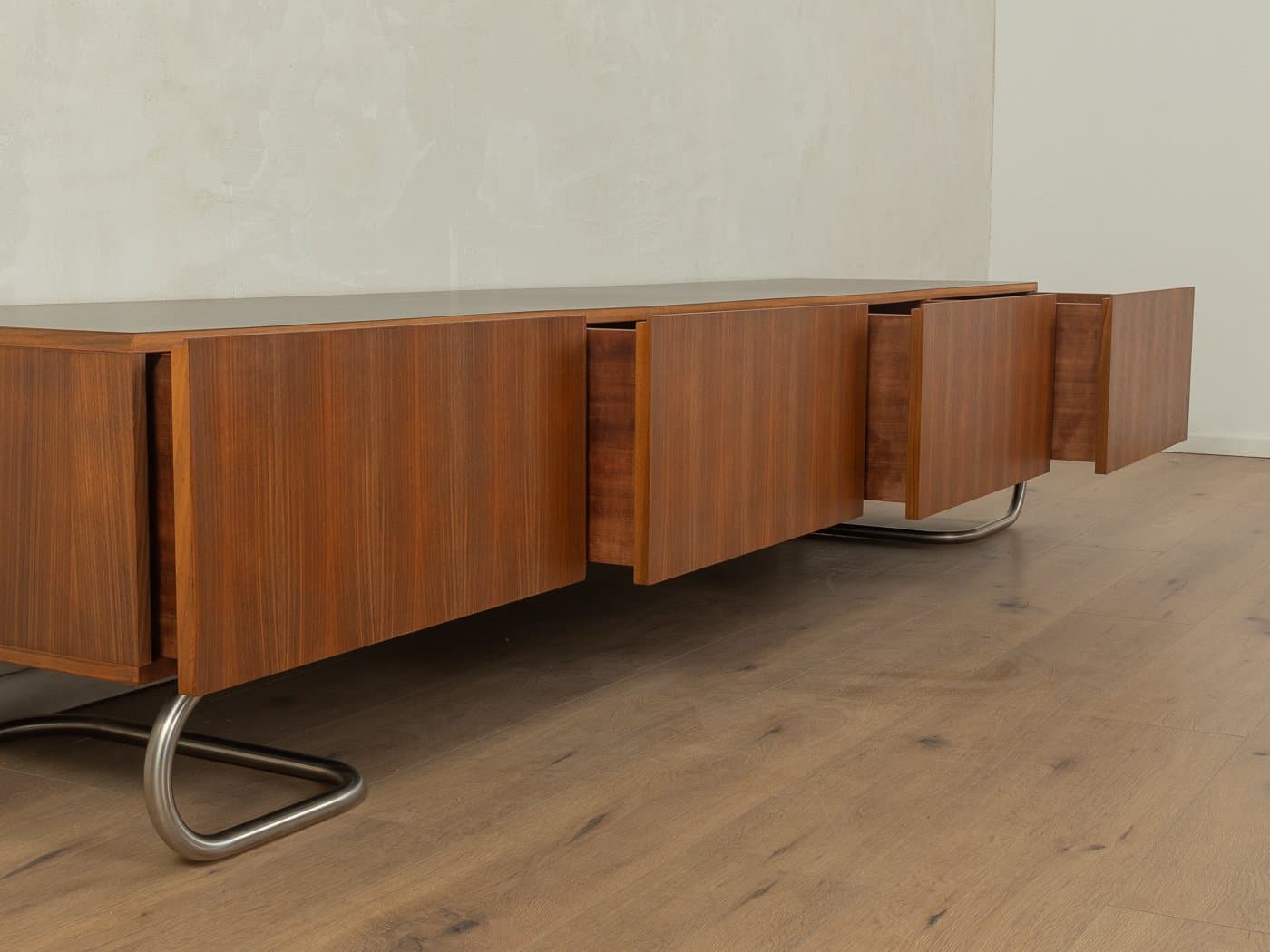 Sideboard minimalistyczny, brązowy, orzech, stal nierdzewna, Niemcy, lata 60. - 282938