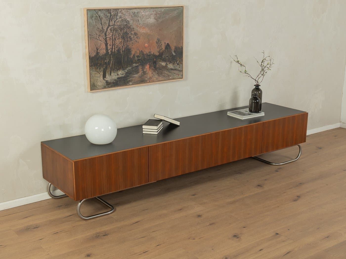 Sideboard minimalistyczny, brązowy, orzech, stal nierdzewna, Niemcy, lata 60. - 282935