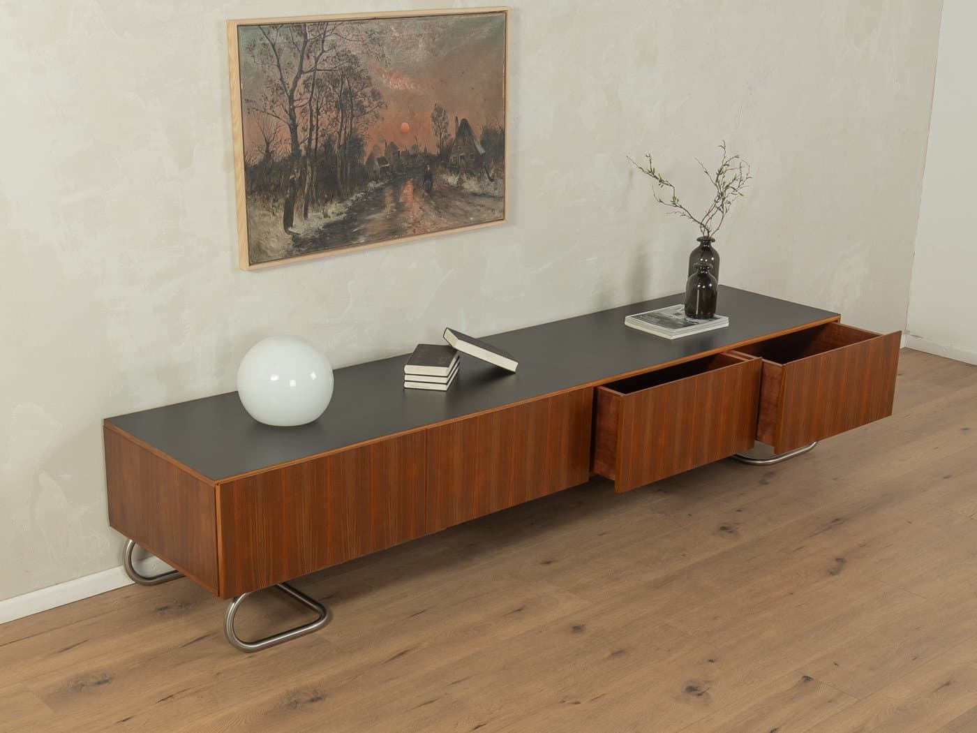 Sideboard minimalistyczny, brązowy, orzech, stal nierdzewna, Niemcy, lata 60. - 282936