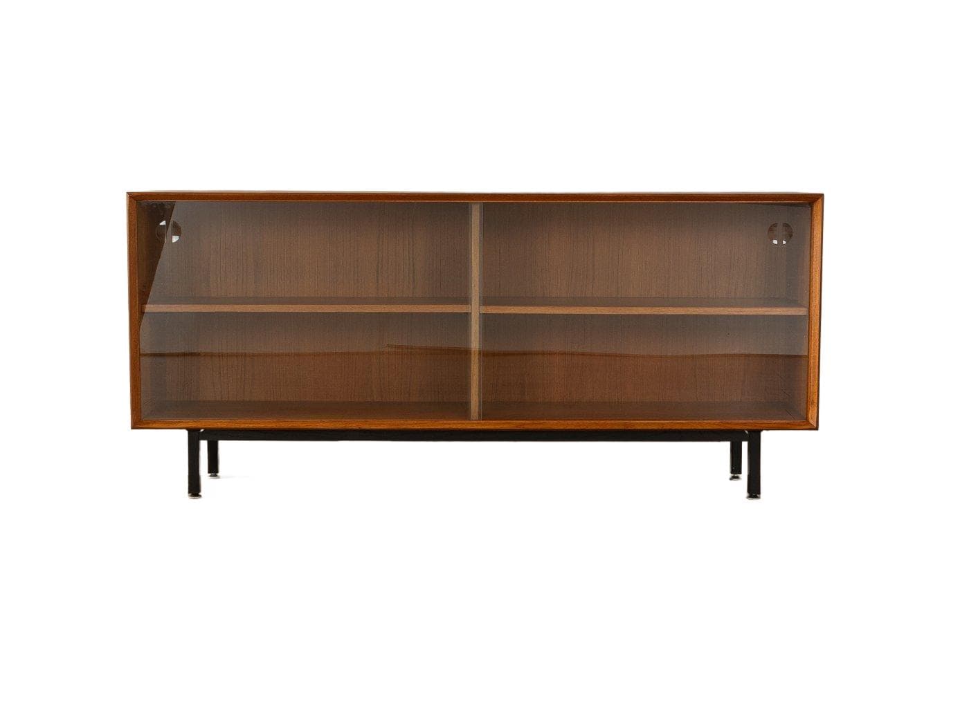 Kredens, teak brązowy, stal czarna, szkło transparentne, Niemcy, lata 60.