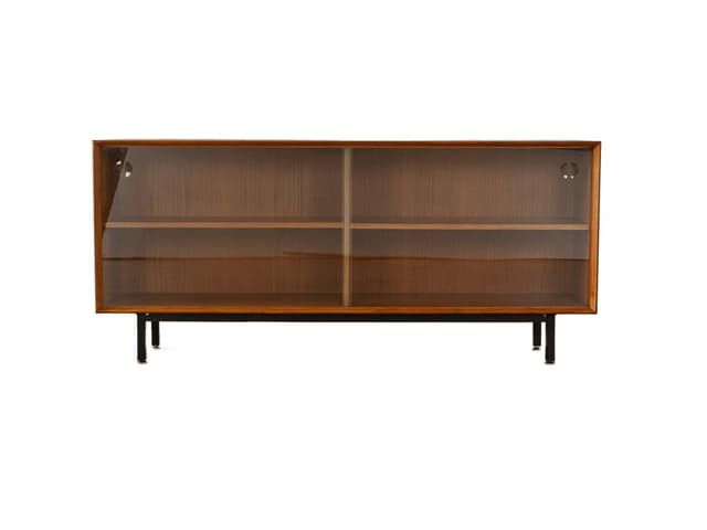 Kredens, teak brązowy, stal czarna, szkło transparentne, Niemcy, lata 60. - WYMIARY