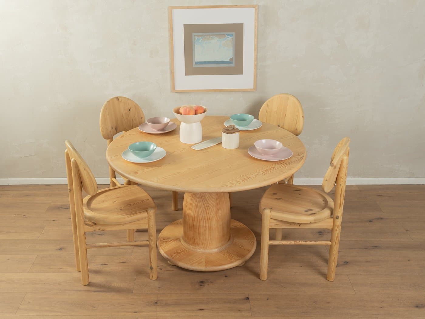 Stół jadalniany okrągły, beżowy, jesion, Niemcy, lata 80. - 282813