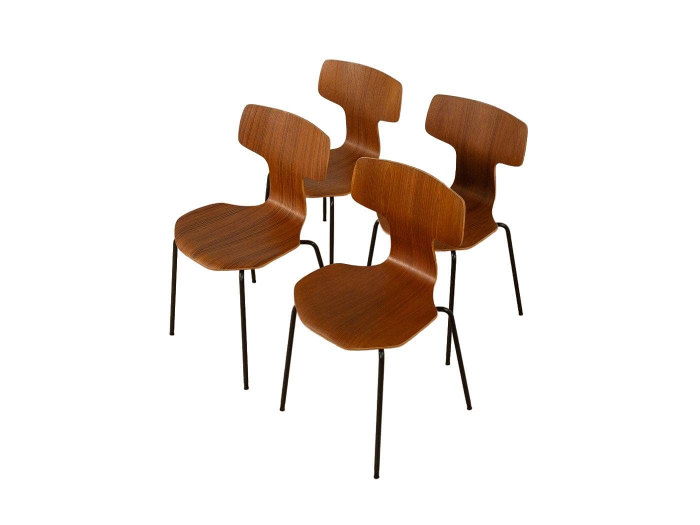 Zestaw sześciu krzeseł 3103 Hammer, teak brązowy, stal czarna, proj. A. Jacobsen, Fritz Hansen, Dania, lata 60.