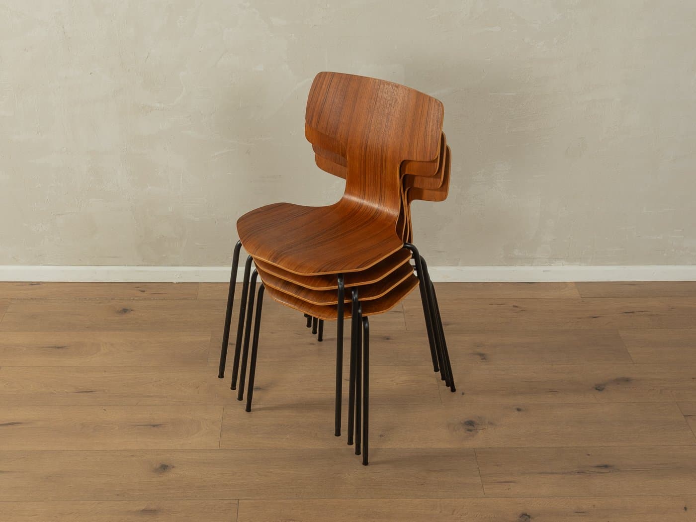 Zestaw sześciu krzeseł 3103 Hammer, teak brązowy, stal czarna, proj. A. Jacobsen, Fritz Hansen, Dania, lata 60. - 282718