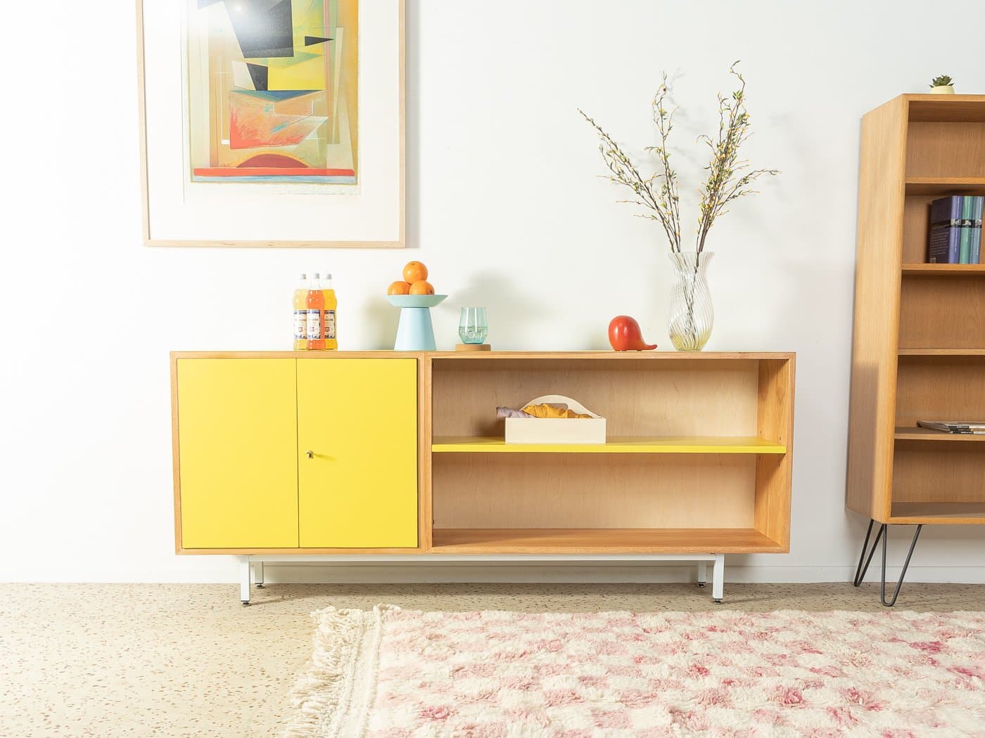 Sideboard, żółty, fornir orzech, stal biała, Niemcy, lata 50. - 282654