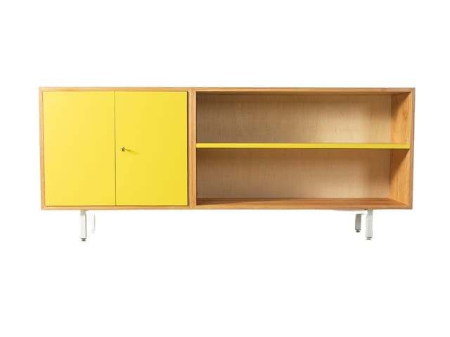 Sideboard, żółty, fornir orzech, stal biała, Niemcy, lata 50. - WYMIARY