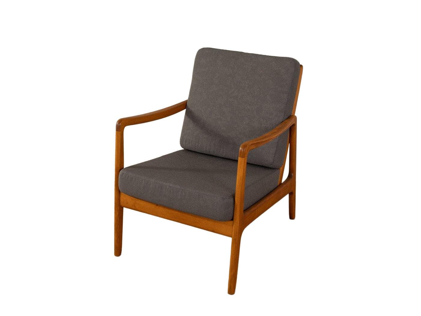 Fotel FD-109, buk brązowy, tkanina szara, proj. O. Wanscher, France & Son, Dania, lata 50.