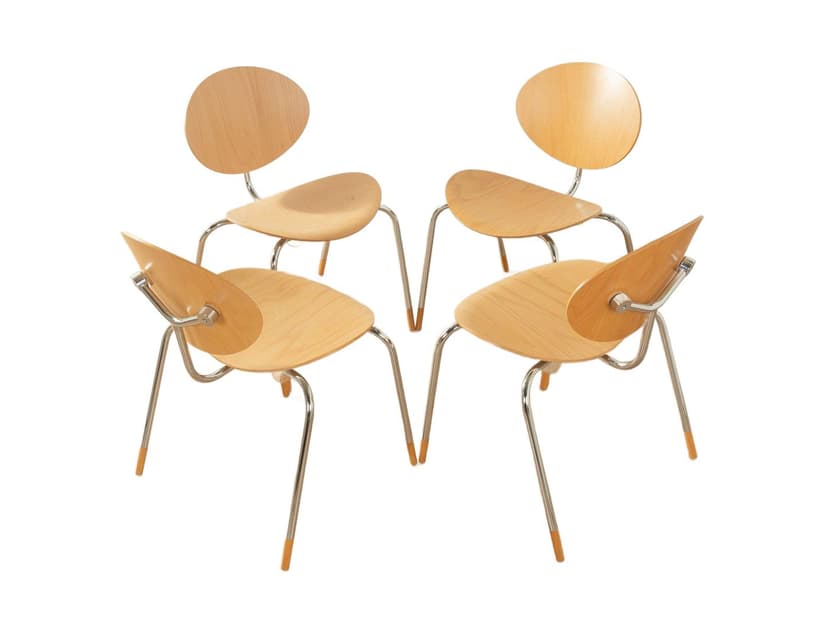 Zestaw czterech krzeseł Mosquito, buk brązowy, stal nierdzewna srebrna, proj. E. Flötotto, Niemcy, lata 80.