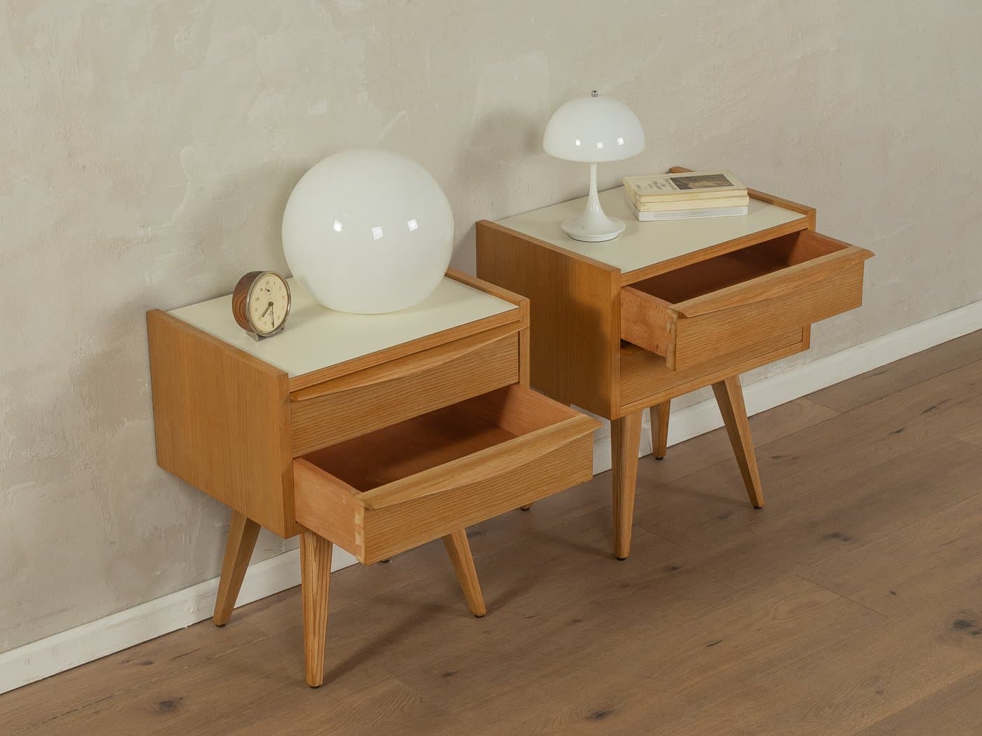 Para stolików nocnych, brązowy kremowy, jesion, Niemcy, lata 50. - 282504