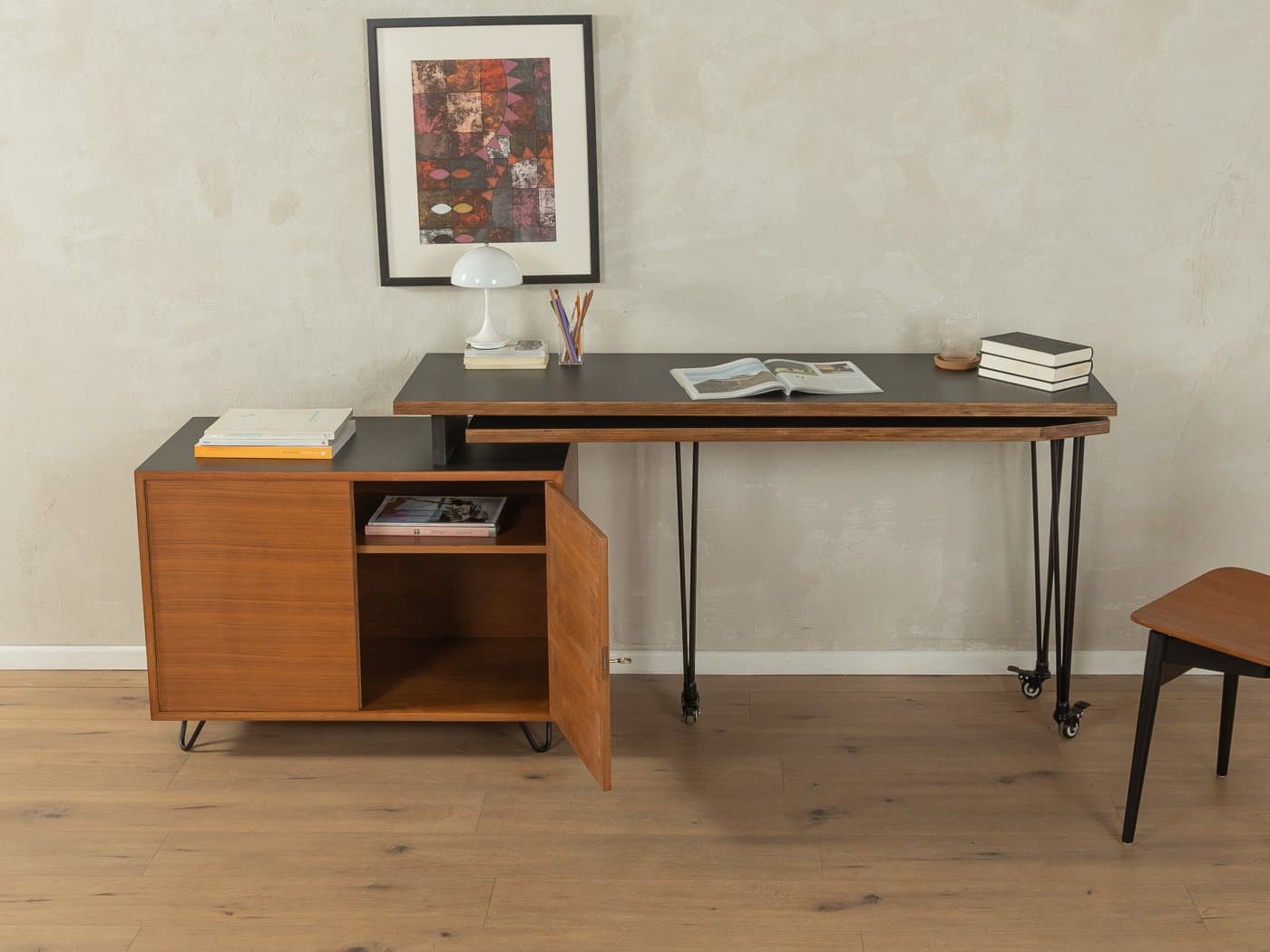 Extendable desk, brown teak, black plywood, Germany, 1960s. - 283351