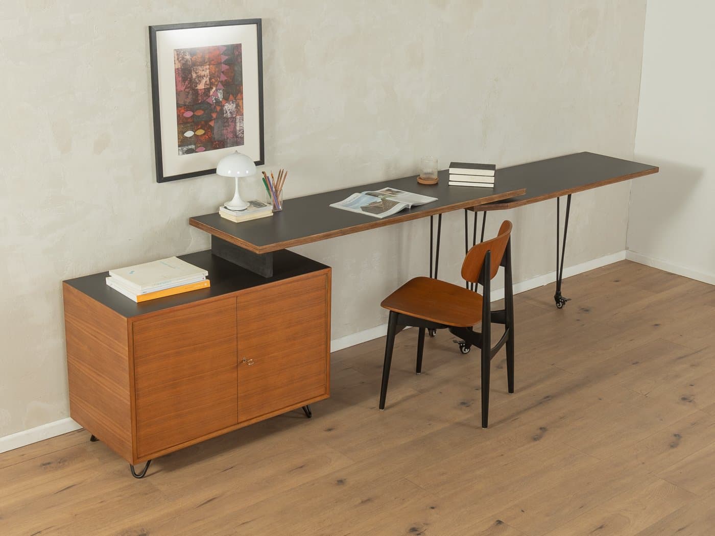 Extendable desk, brown teak, black plywood, Germany, 1960s. - 283350