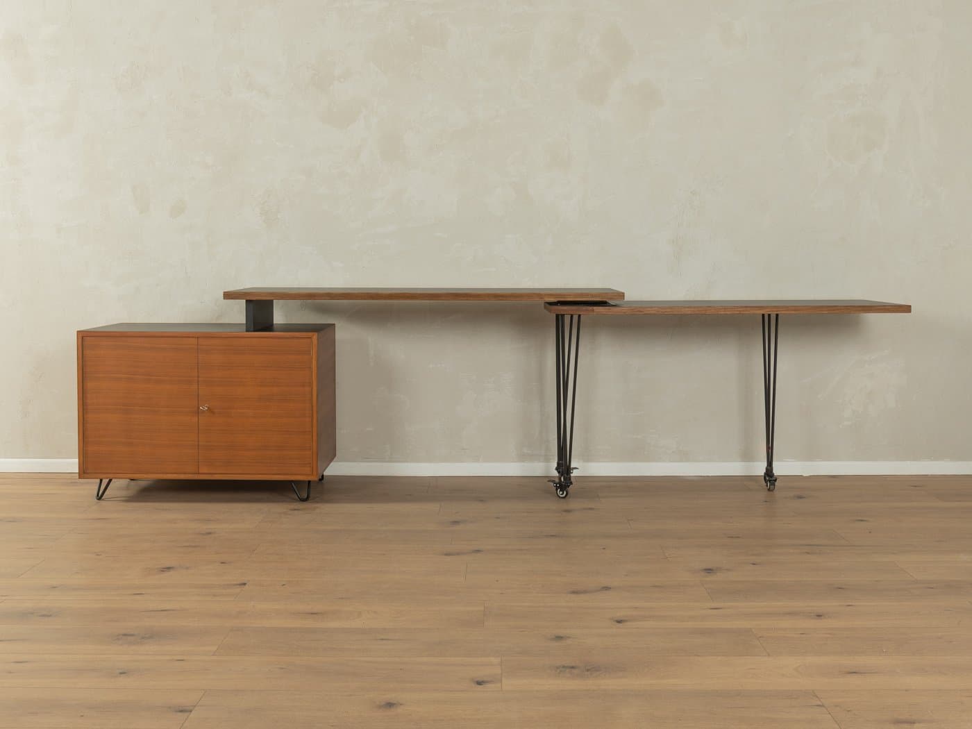 Extendable desk, brown teak, black plywood, Germany, 1960s. - 283355