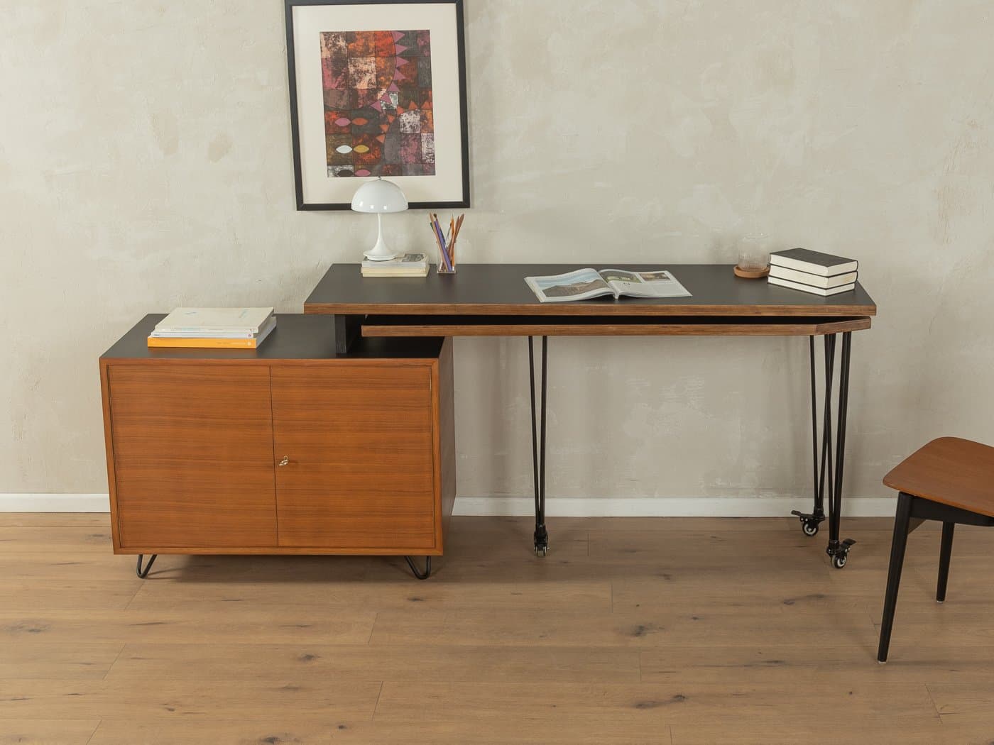 Extendable desk, brown teak, black plywood, Germany, 1960s. - 283349
