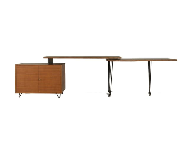 Extendable desk, brown teak, black plywood, Germany, 1960s. - DIMENSION