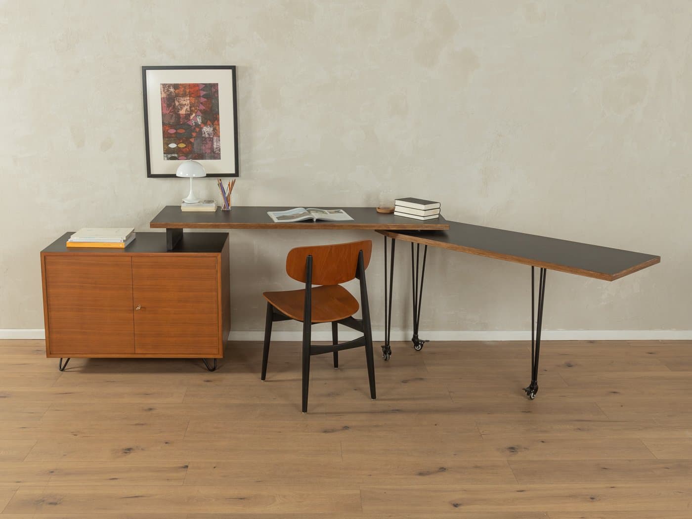 Extendable desk, brown teak, black plywood, Germany, 1960s. - 283348