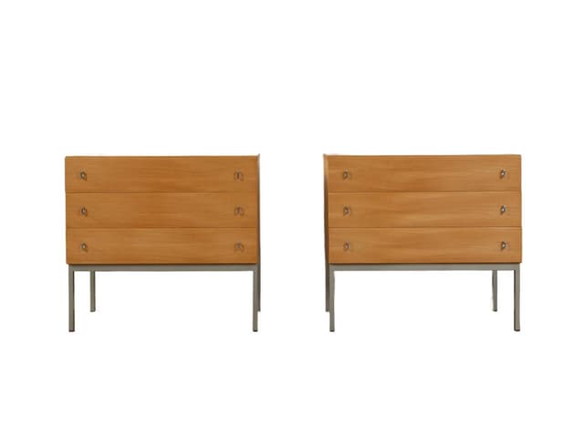 Zestaw dwóch stolików nocnych, jesion brązowy, stal szczotkowana szara, Niemcy, lata 60. - WYMIARY