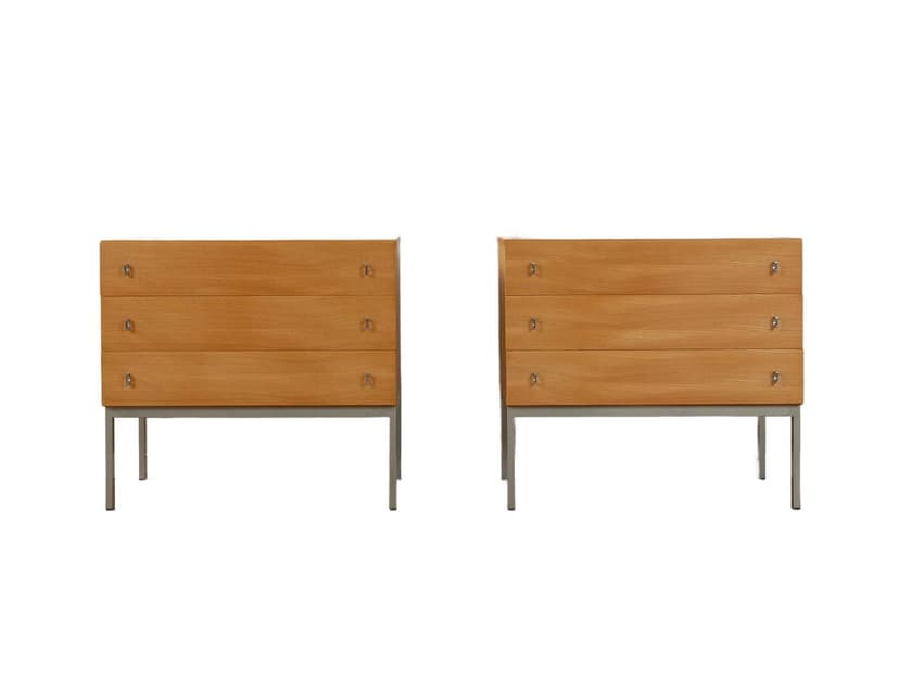 Zestaw dwóch stolików nocnych, jesion brązowy, stal szczotkowana szara, Niemcy, lata 60.