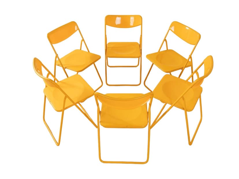 Zestaw sześciu krzeseł składanych Ted, żółty, metal, plastik, proj. N. Gammelgaard, Ikea, Szwecja, lata 70.