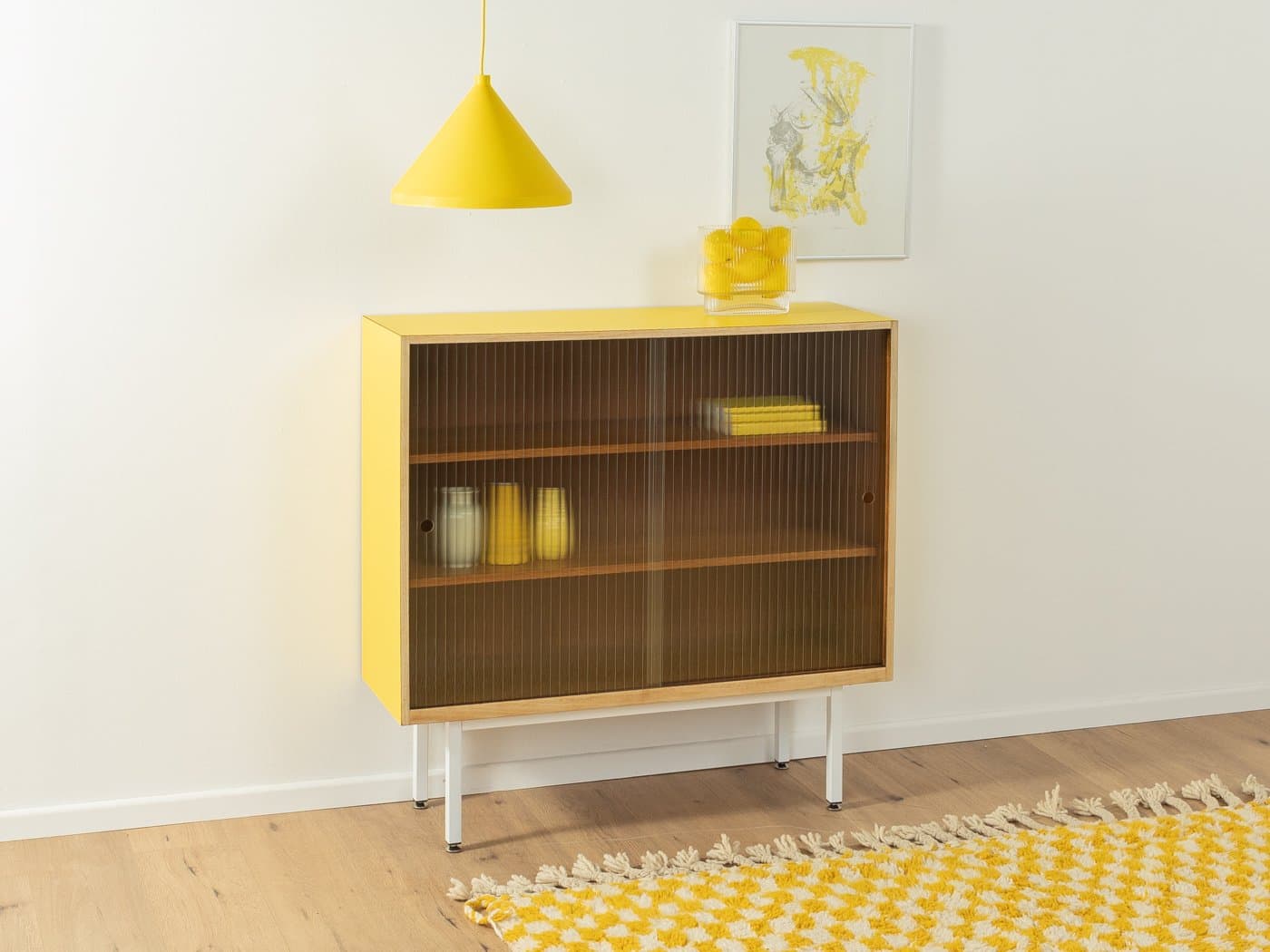 Witryna, brązowy żółty biały, orzech szkło stal, Niemcy, lata 50. - 283154