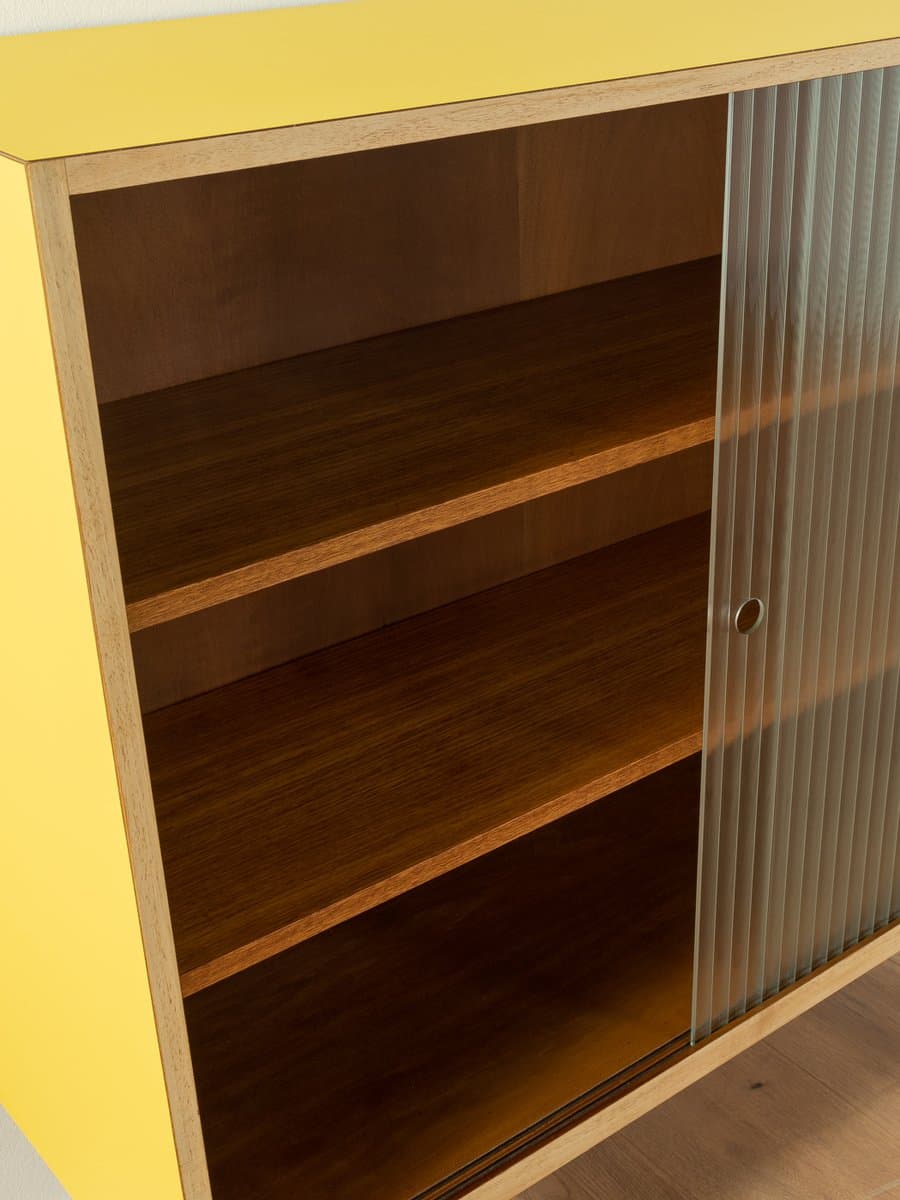 Witryna, brązowy żółty biały, orzech szkło stal, Niemcy, lata 50. - 283156
