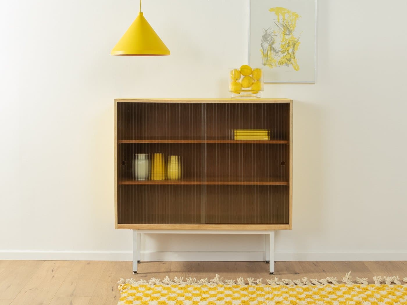 Witryna, brązowy żółty biały, orzech szkło stal, Niemcy, lata 50. - 283153