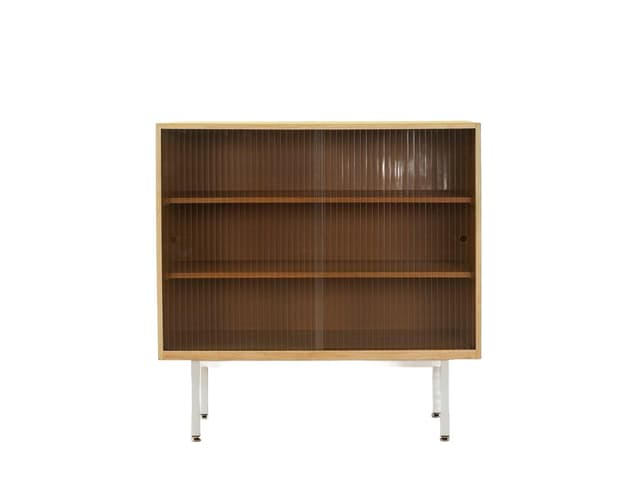 Witryna, brązowy żółty biały, orzech szkło stal, Niemcy, lata 50. - WYMIARY