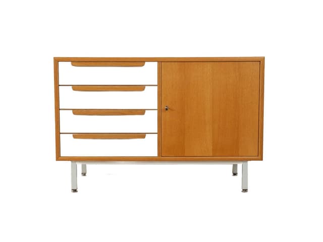 Komoda, beżowy dąb, formika kremowobiała, stal biała, Niemcy, lata 60. - WYMIARY