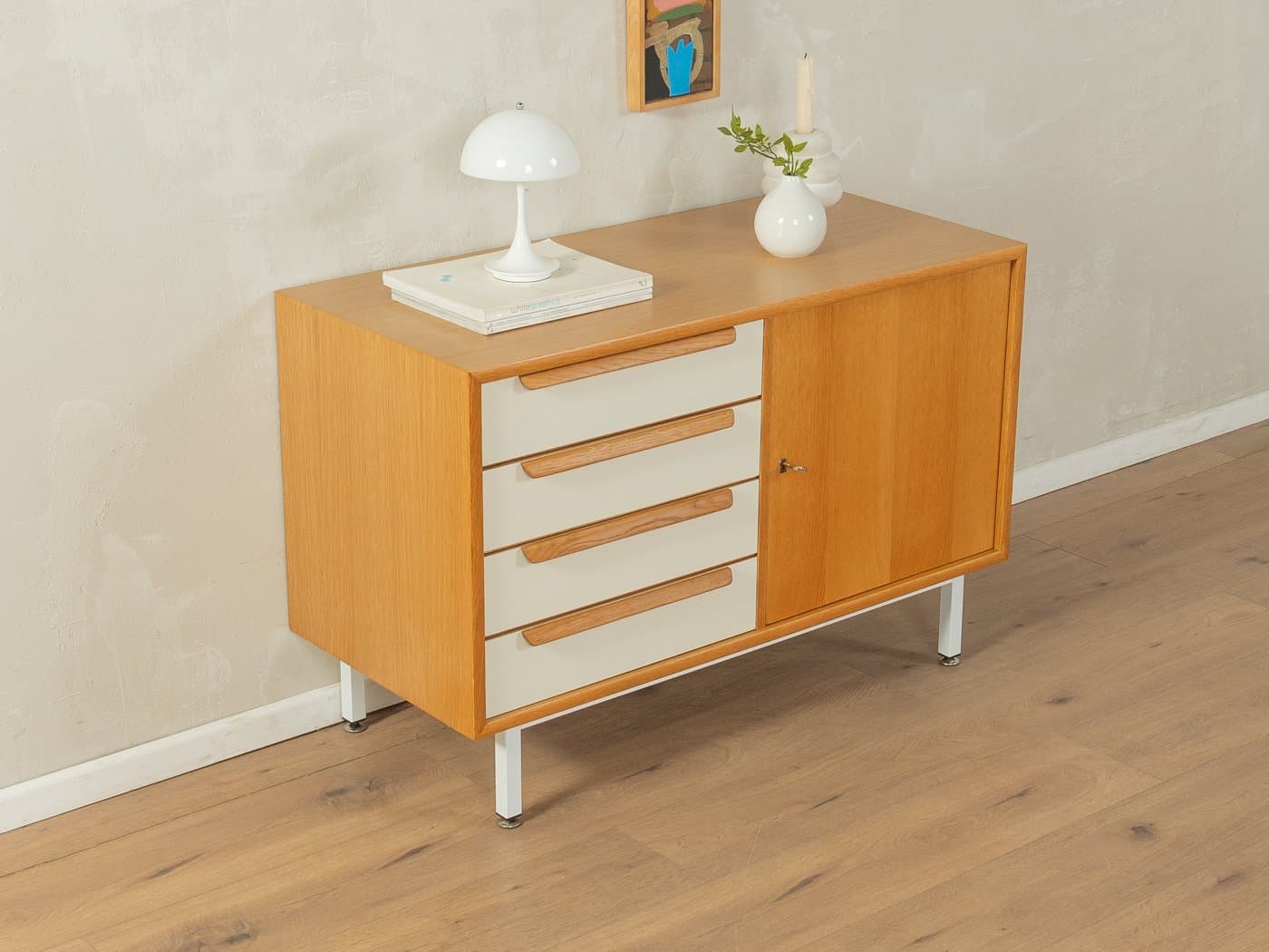 Komoda, beżowy dąb, formika kremowobiała, stal biała, Niemcy, lata 60. - 283102