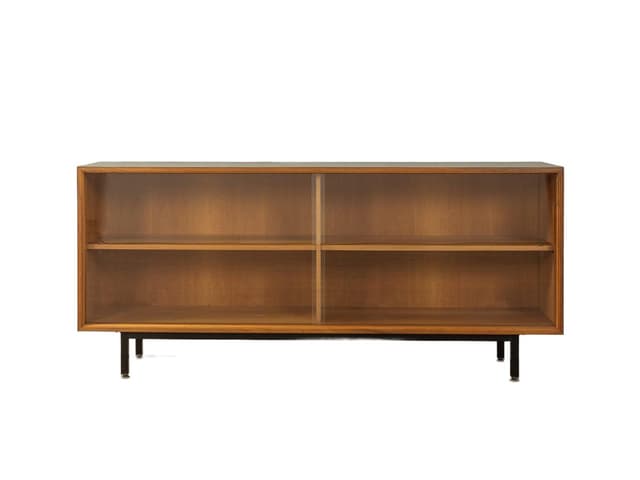 Sideboard, orzech brązowy, stal czarna, szkło, proj. L. Wegner, Niemcy, lata 60. - WYMIARY