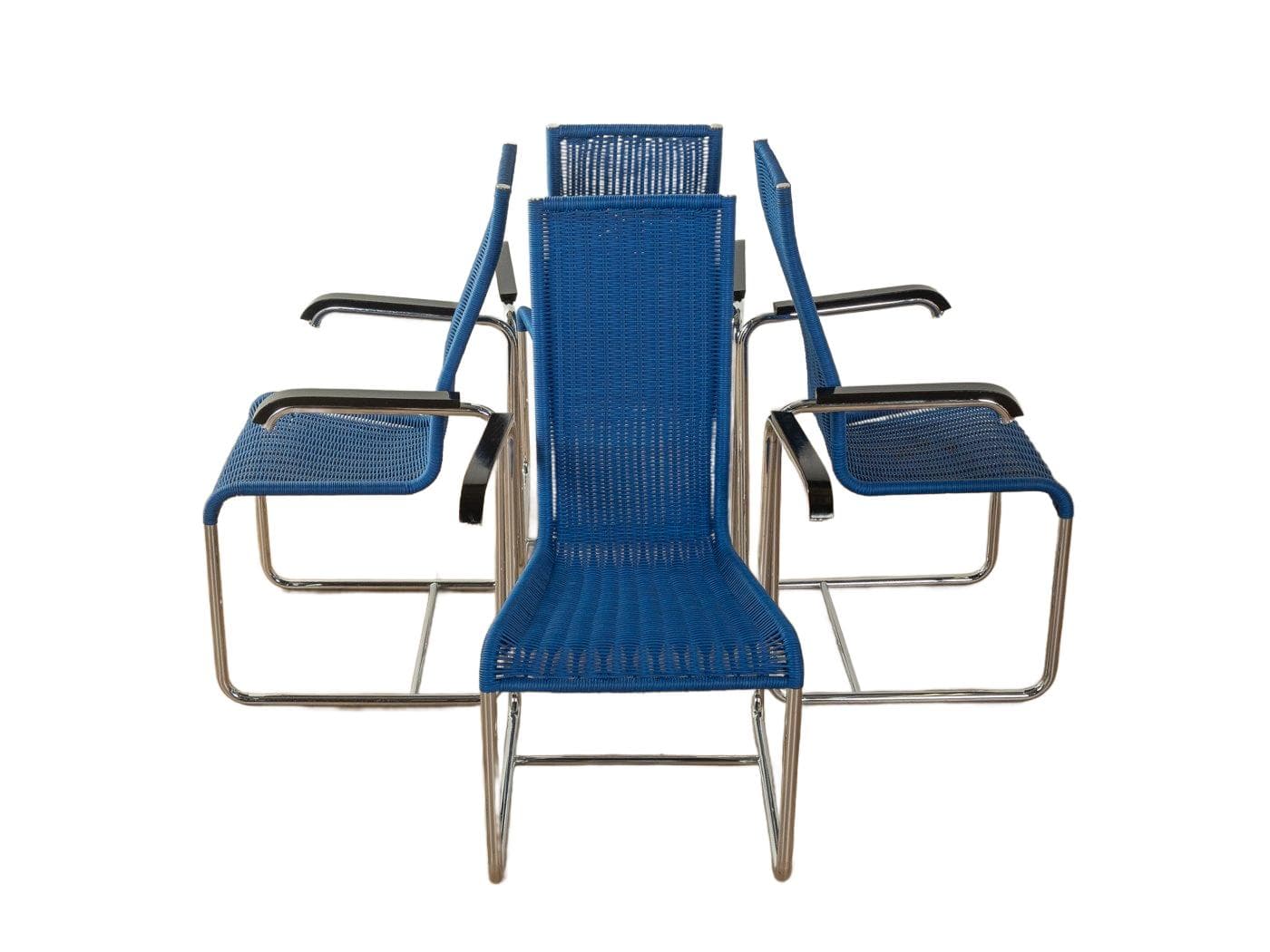 Zestaw czterech krzeseł D25, niebieski, chrom, proj. M. Breuer, Tecta, Niemcy, lata 50.