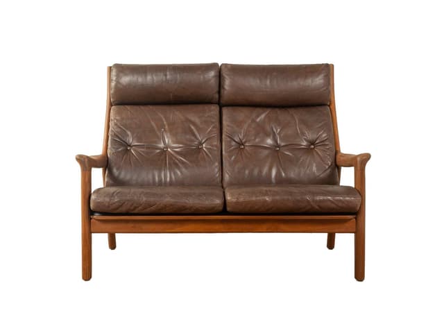 Sofa dwuosobowa, brązowa, skóra, teak, Dania, lata 60. - WYMIARY