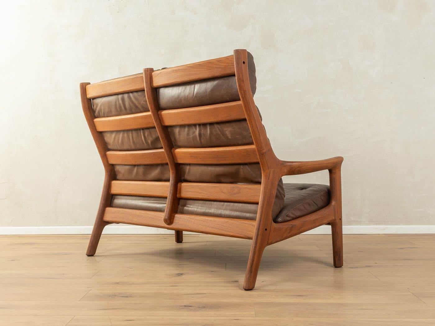 Sofa dwuosobowa, brązowa, skóra, teak, Dania, lata 60. - 283741